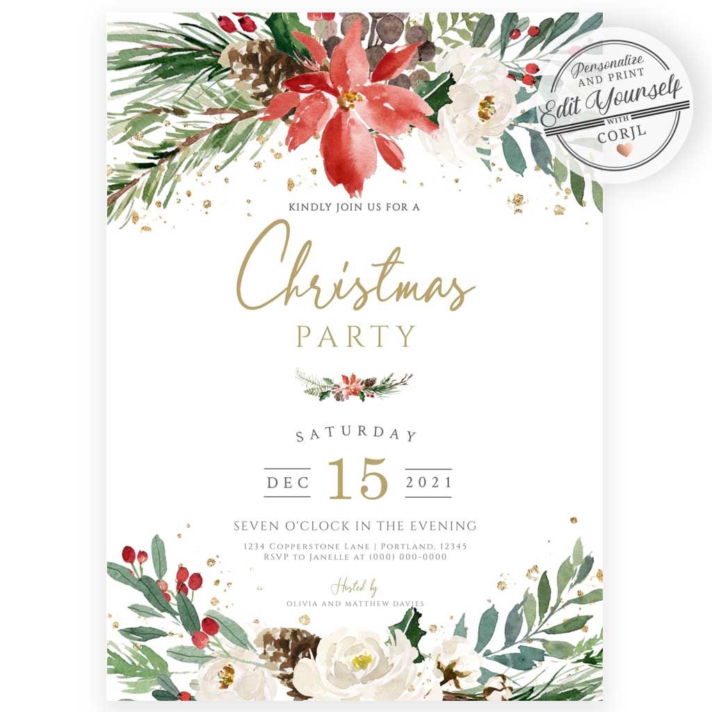 Rustic Floral Christmas Party Invitation | www.foreveryourprints.com
