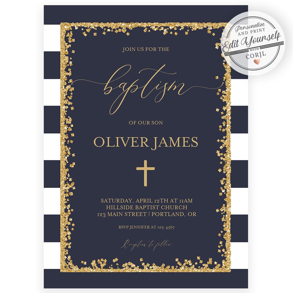 Navy and Gold Baptism Invitation | www.foreveryourprints.com