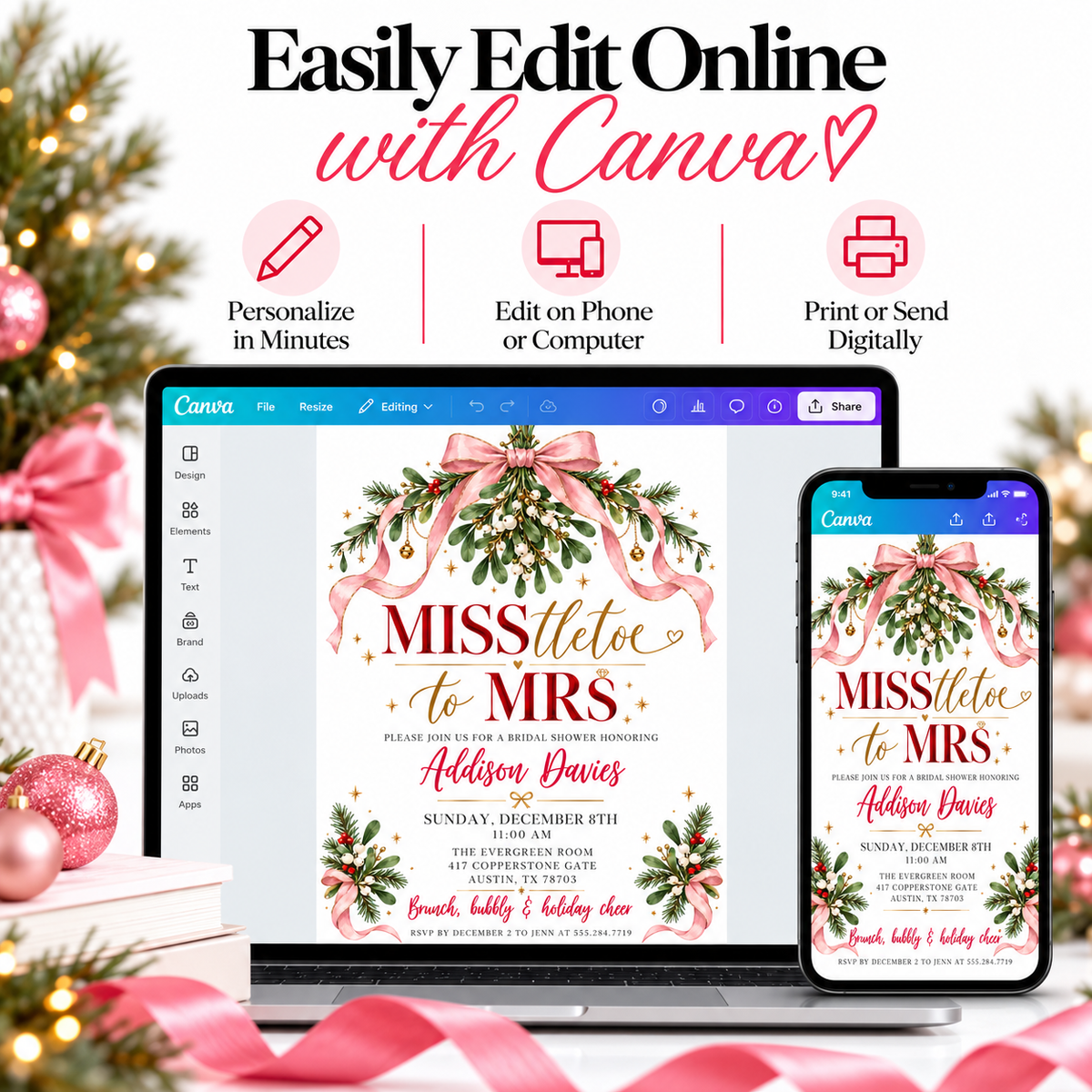 Christmas bridal shower invitation with pink satin bows, mistletoe, evergreen branches, gold bells and MISStletoe to Mrs lettering