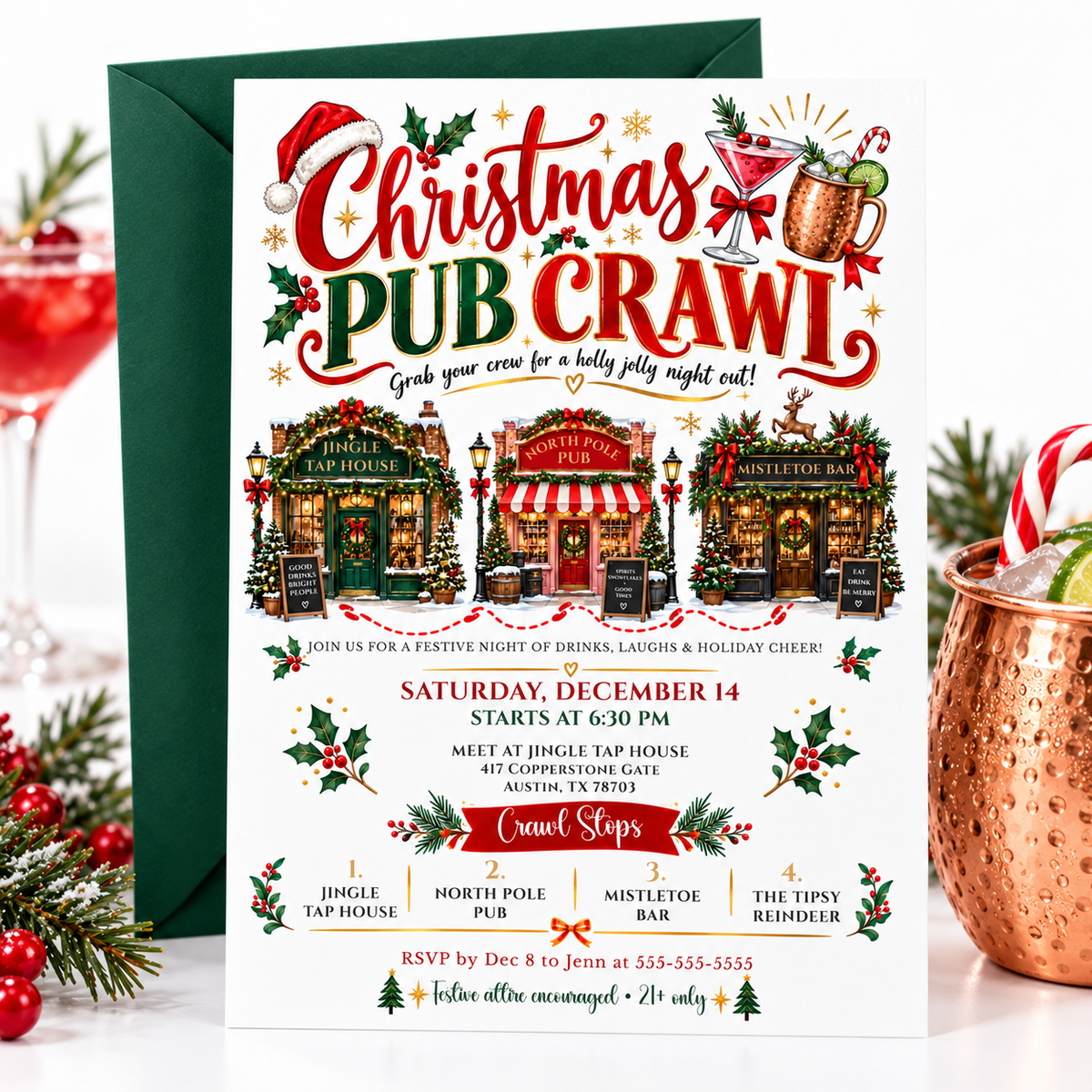 Christmas pub crawl invitation with three decorated holiday pubs, festive cocktails, Christmas greenery and red and green lettering