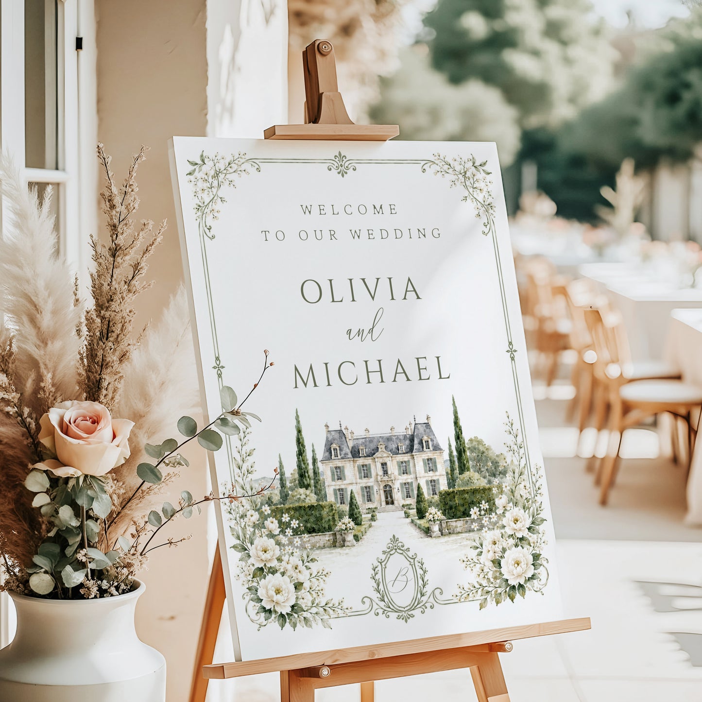 Editable garden estate wedding welcome sign Canva template with watercolour venue illustration, botanical border, and sage green tones