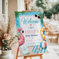 Pool party baby shower welcome sign with a flamingo float, beach ball, and heart sunglasses in pink and aqua