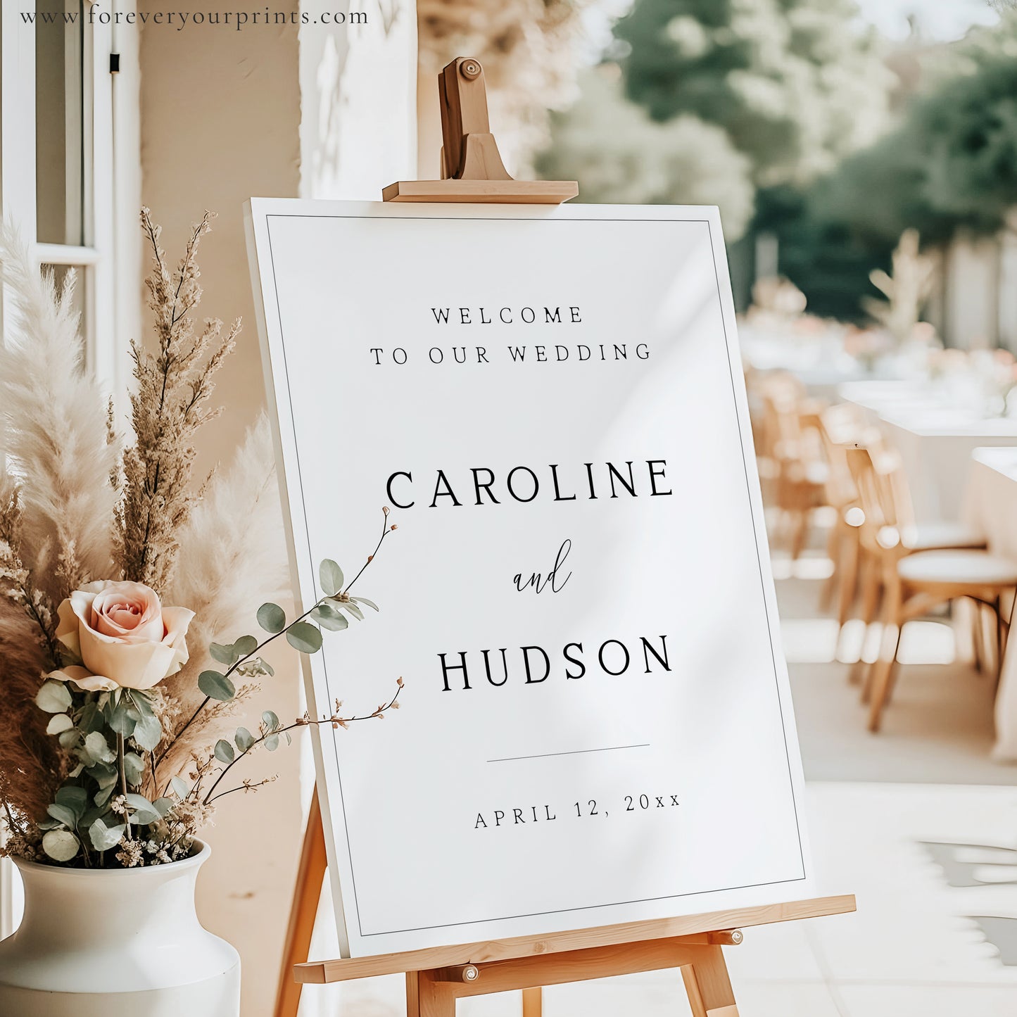 Minimalist vertical wedding welcome sign template with bold serif typography and thin border frame on white background, editable in Canva