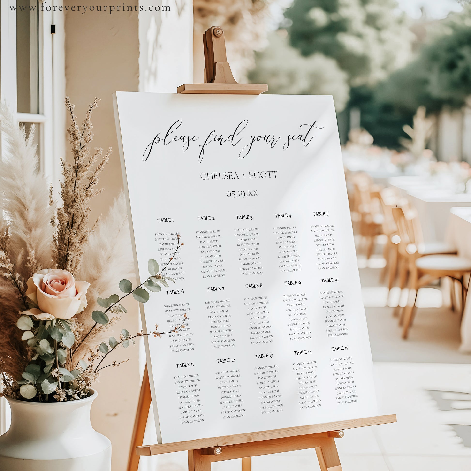 Wedding seating chart sign with "Please Find Your Seat" script heading, black serif guest list layout, editable with Corjl | www.foreveryourprints.com