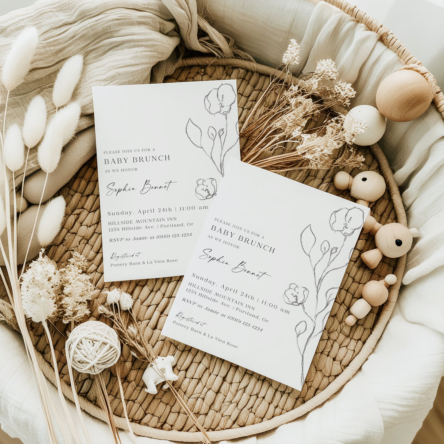 Minimalist pencil sketch floral baby brunch invitation template with hand-drawn botanical rose stem in graphite on white background, editable in Canva