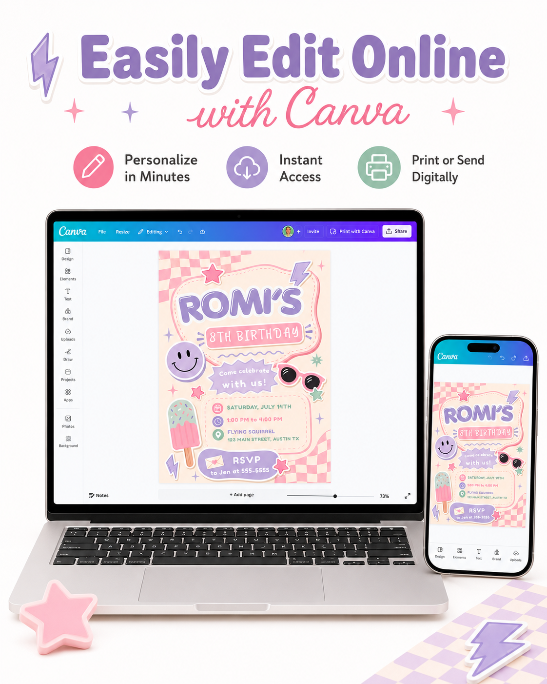 Girls retro birthday invitation in pink, purple and mint featuring a smiley face, sunglasses, checkerboard patterns, stars, lightning bolts and a popsicle.
