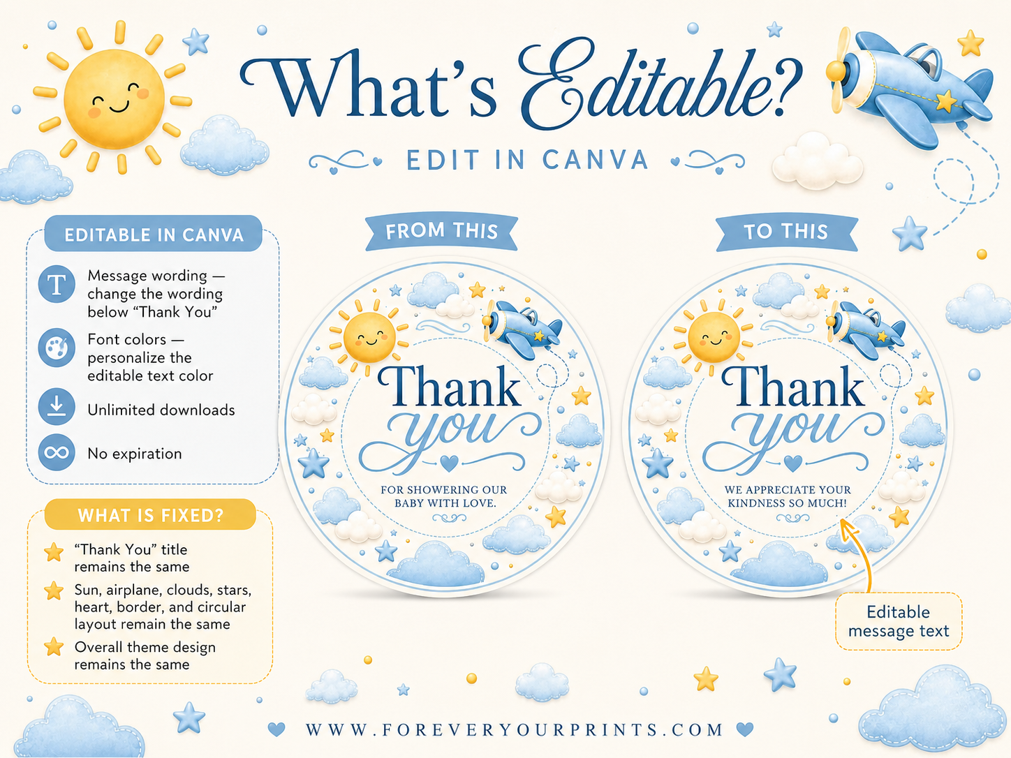Editable here comes the son baby shower round thank you sticker Canva template with smiling sun, blue toy airplane, fluffy clouds, and gold and blue star accents on a cream background