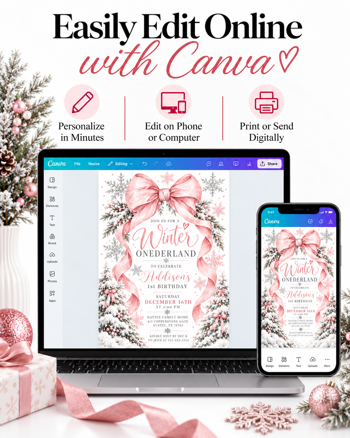 Winter Onederland 1st birthday invitation with a large pink bow, flowing ribbons, silver and pink snowflakes, and snow-covered trees decorated with pink bows