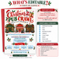Christmas pub crawl invitation with three decorated holiday pubs, festive cocktails, Christmas greenery and red and green lettering