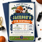 All-star birthday invitation with soccer ball, basketball, football, baseball, varsity lettering, pennant flags, stars, whistle, foam finger, and navy green red sports details