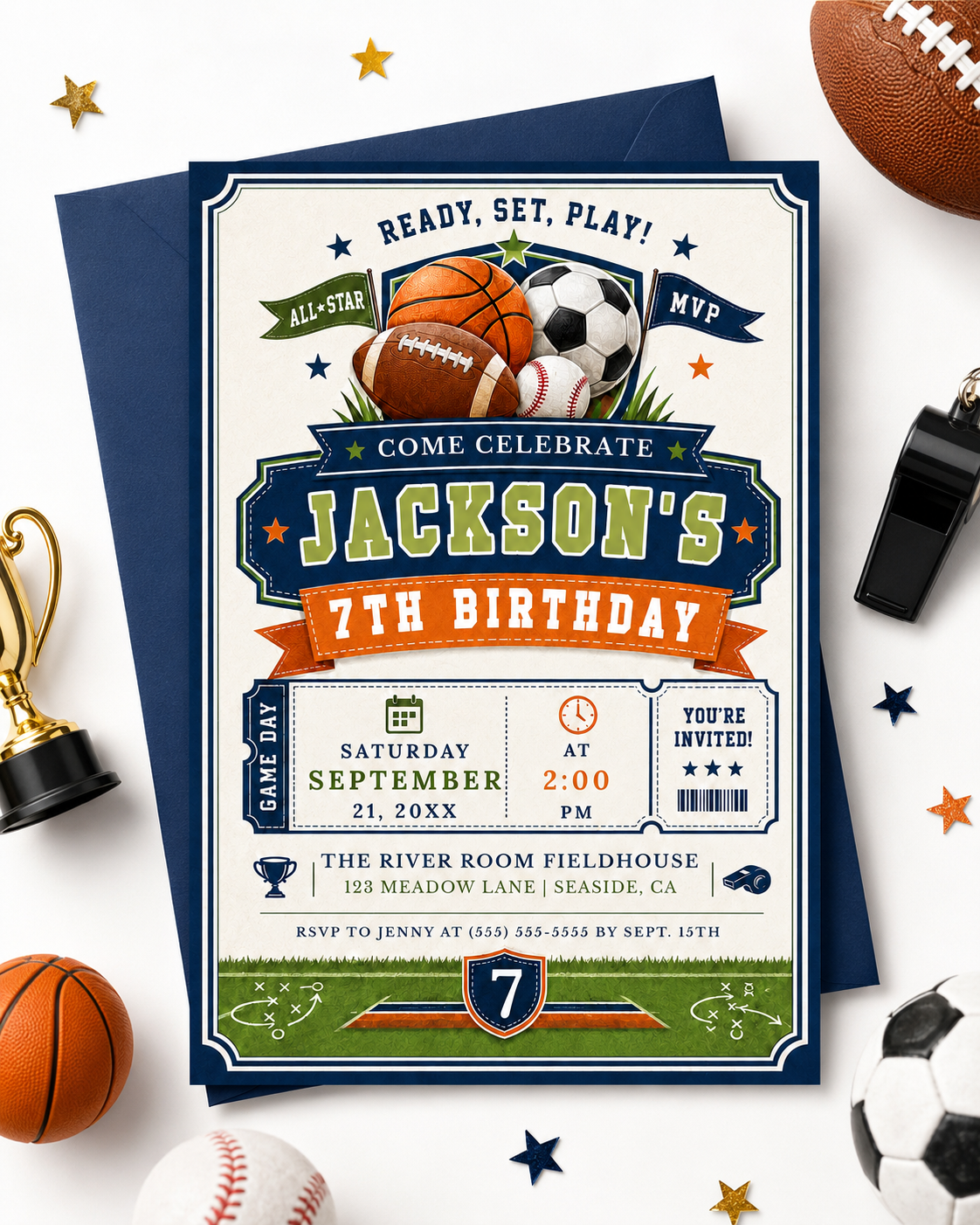 All-star birthday invitation with soccer ball, basketball, football, baseball, varsity lettering, pennant flags, stars, whistle, foam finger, and navy green red sports details