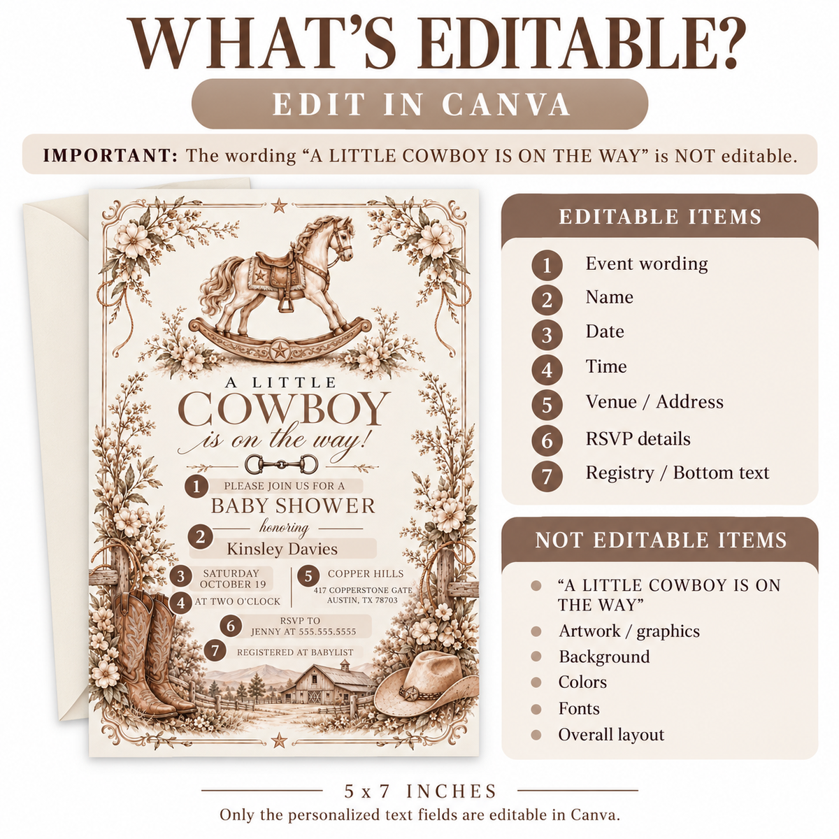 Cowboy baby shower invitation with a brown rocking horse, cowboy boots and hat, rustic barn, and neutral floral border