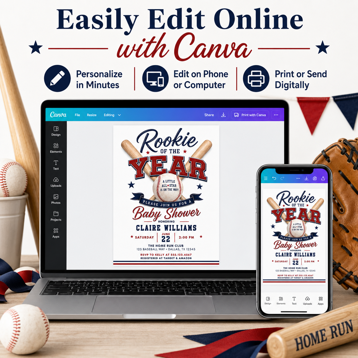 Rookie baseball baby shower invitation with crossed baseball bats, baseball, varsity lettering, navy ribbon banner, red and blue stars, and classic sports shower details