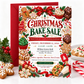 Christmas bake sale flyer with red and green lettering, gingerbread cookies, cupcakes, brownies, festive bows, and baking tools