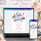 Editable pink nautical girl baby shower invitation Canva template with watercolour sea turtle with pink bow, pink striped sailboat, navy and pink life ring, starfish, and bold navy script with pink calligraphy on a white background