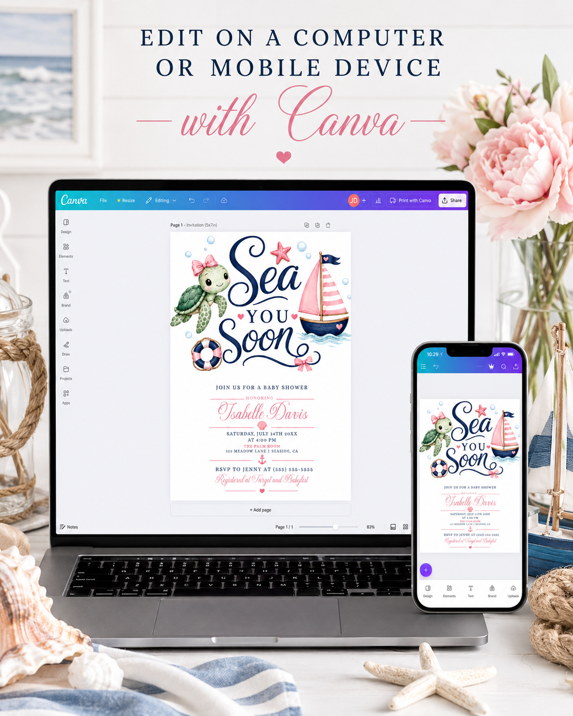 Editable pink nautical girl baby shower invitation Canva template with watercolour sea turtle with pink bow, pink striped sailboat, navy and pink life ring, starfish, and bold navy script with pink calligraphy on a white background