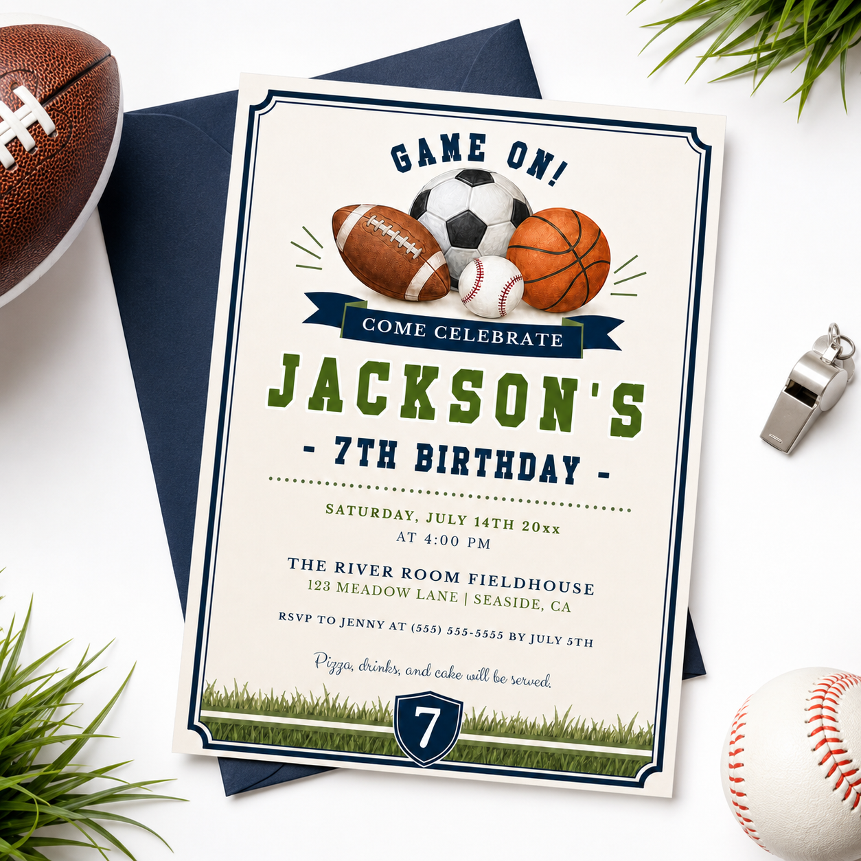 All star sports birthday invitation with a football, soccer ball, basketball, and baseball in navy and green