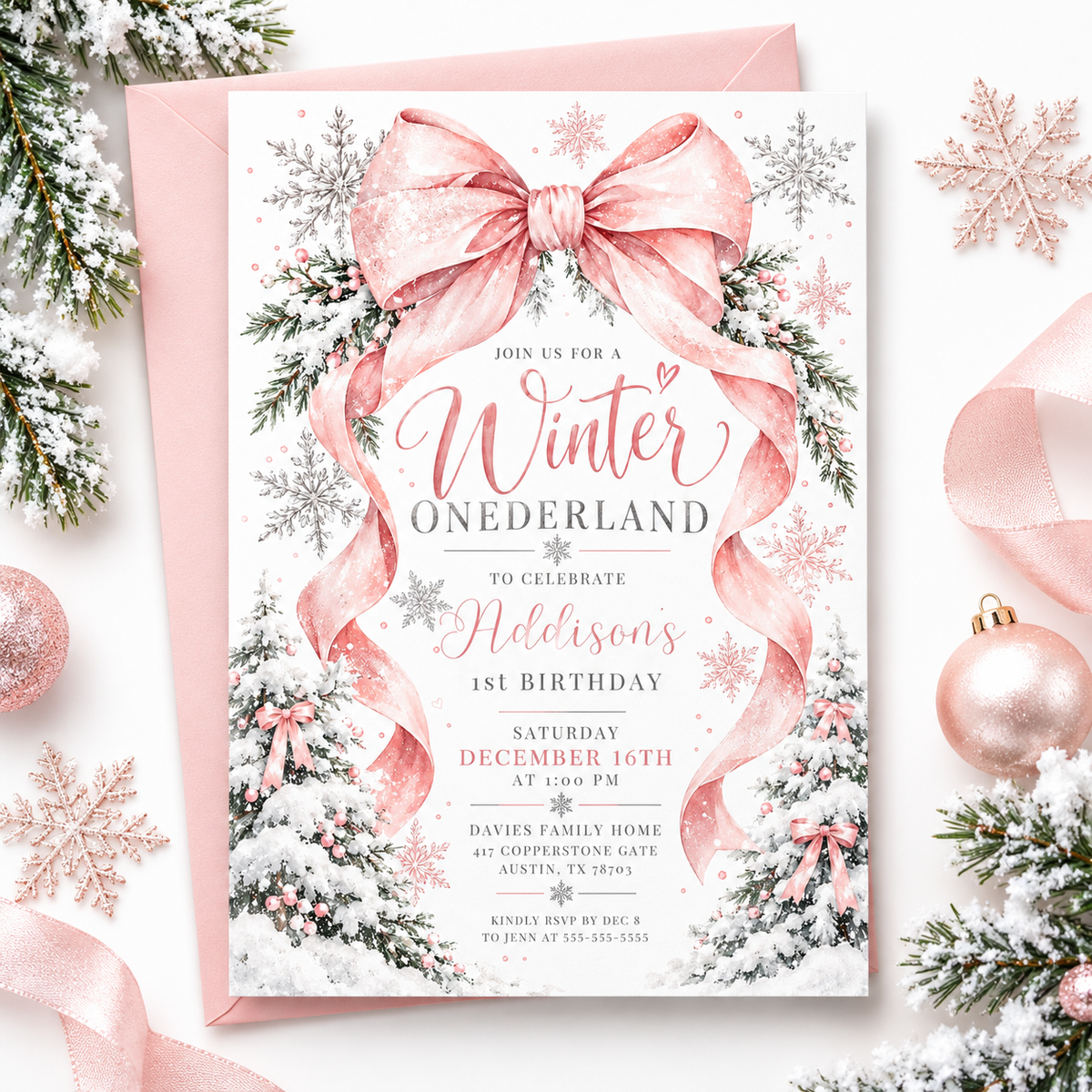 Winter Onederland 1st birthday invitation with a large pink bow, flowing ribbons, silver and pink snowflakes, and snow-covered trees decorated with pink bows