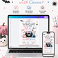 Halloween gender reveal invitation with cute ghosts, pink and blue pumpkins, bubbling cauldron, bats, spider, bows, stars, and pink blue little boo details