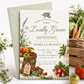 Farmers market baby shower invitation with a basket of heirloom tomatoes, peaches, and fresh herbs in sage green and cream