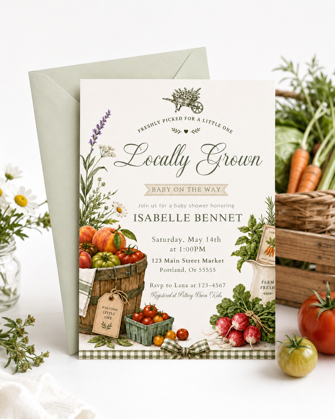 Farmers market baby shower invitation with a basket of heirloom tomatoes, peaches, and fresh herbs in sage green and cream