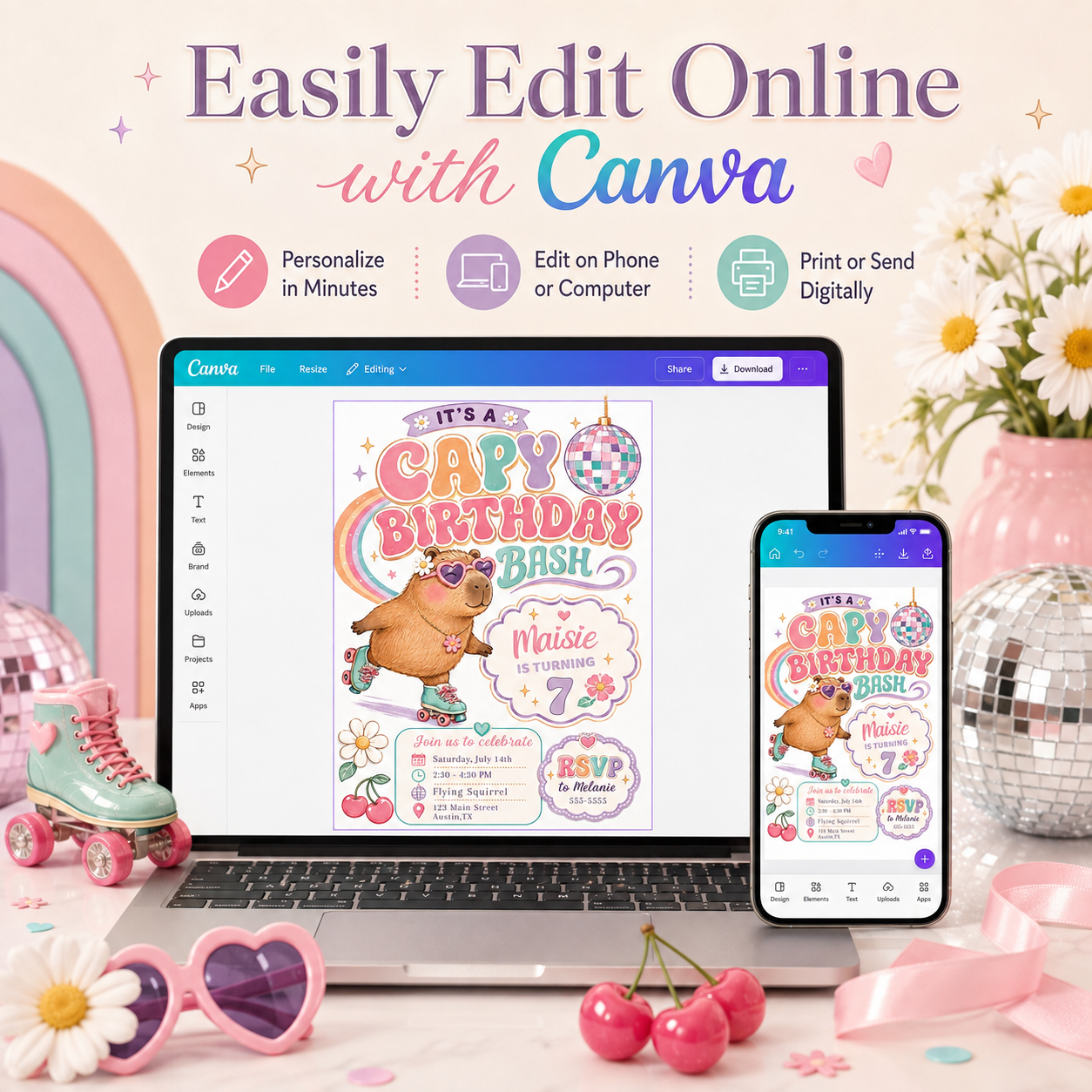 Capybara birthday invitation with roller skates, heart sunglasses, disco ball, rainbow, daisies, cherries, and colorful retro girl birthday party details
