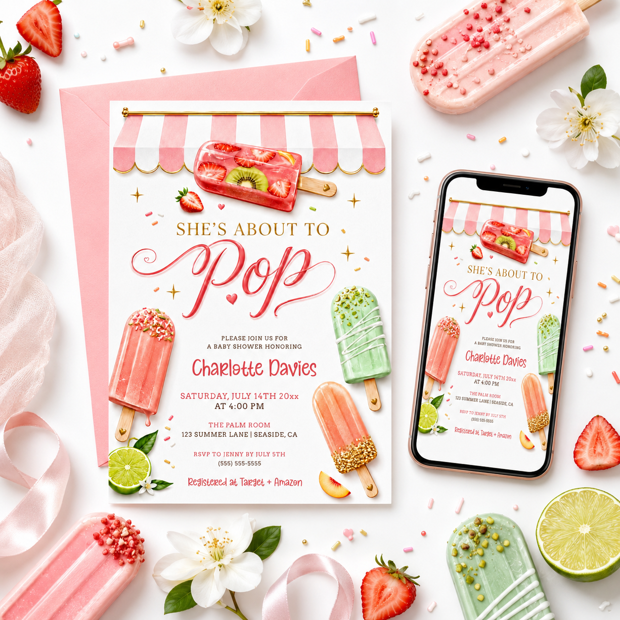 She's about to pop baby shower invitation with colorful popsicles and a pink awning in coral, peach, and green