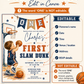 Basketball first birthday invitation featuring a little boy shooting a basketball, hoop, ONE banner, stars and navy and orange sports details.
