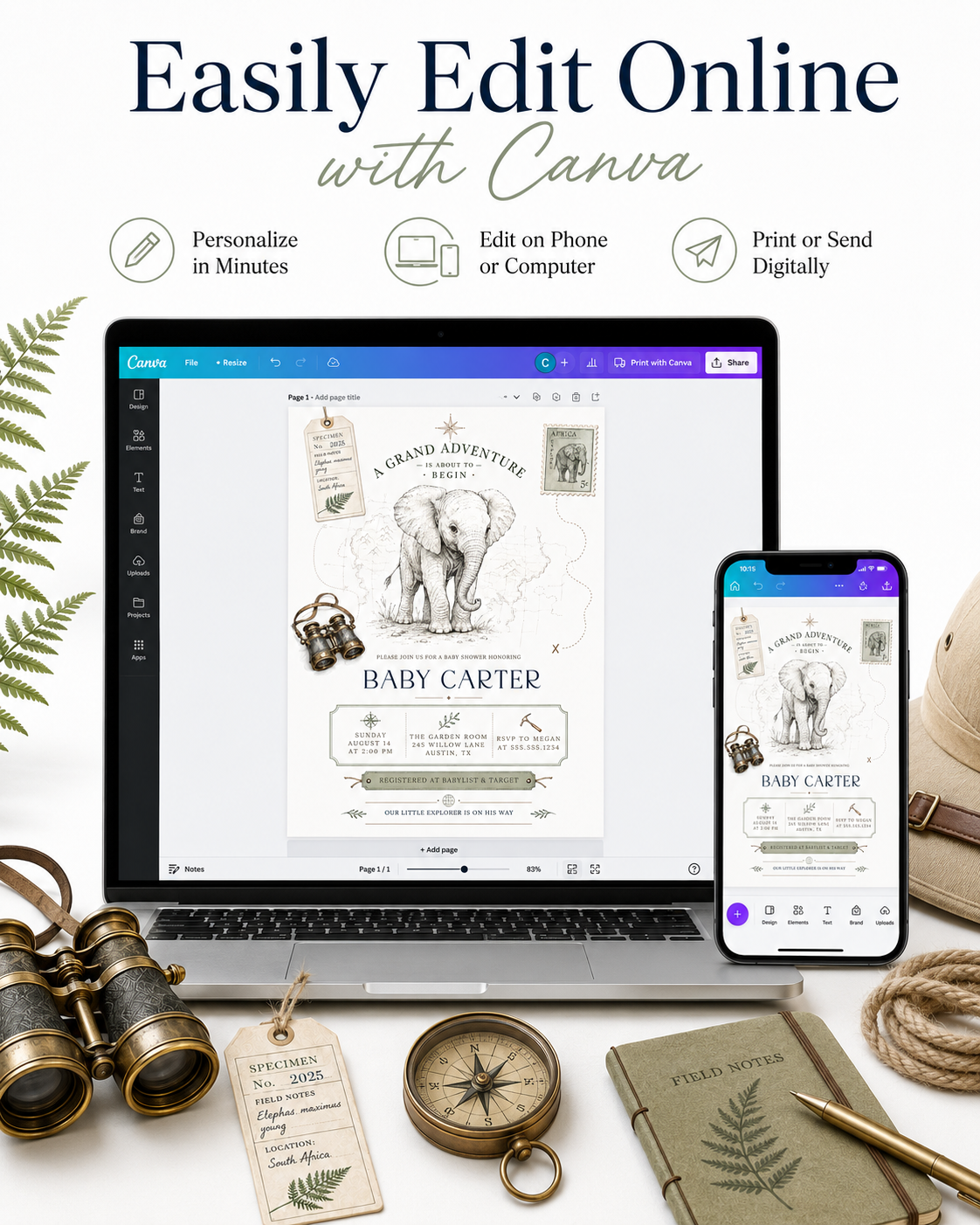 Grand adventure elephant baby shower invitation with baby elephant sketch, vintage binoculars, specimen tag, safari postage stamp, map details, and compass accents