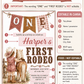 Girls 1st birthday invitation with little cowgirl, pony, cowboy hat, boots, rope details, western banner, blush pink accents, and rustic cowgirl party details
