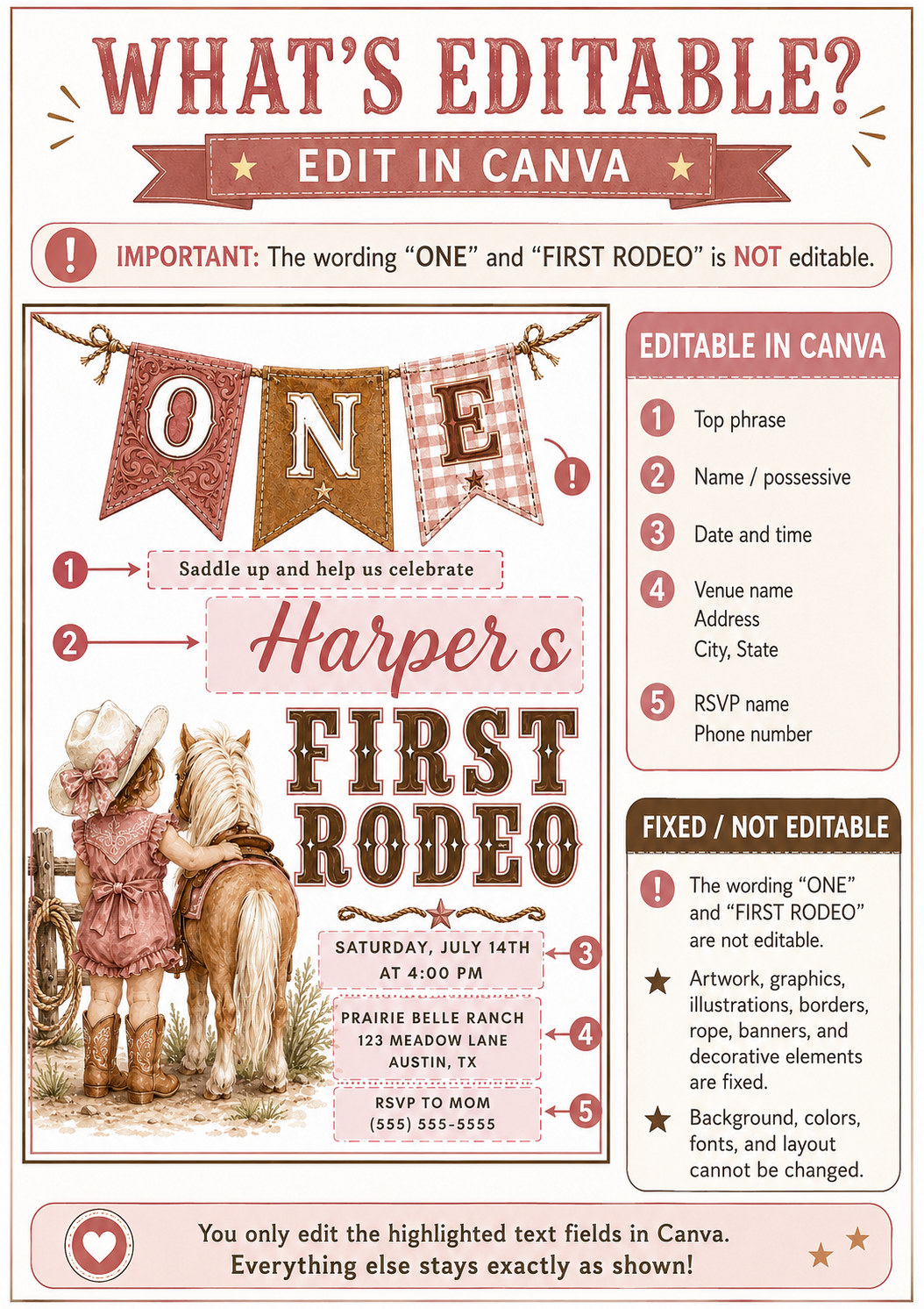 Girls 1st birthday invitation with little cowgirl, pony, cowboy hat, boots, rope details, western banner, blush pink accents, and rustic cowgirl party details