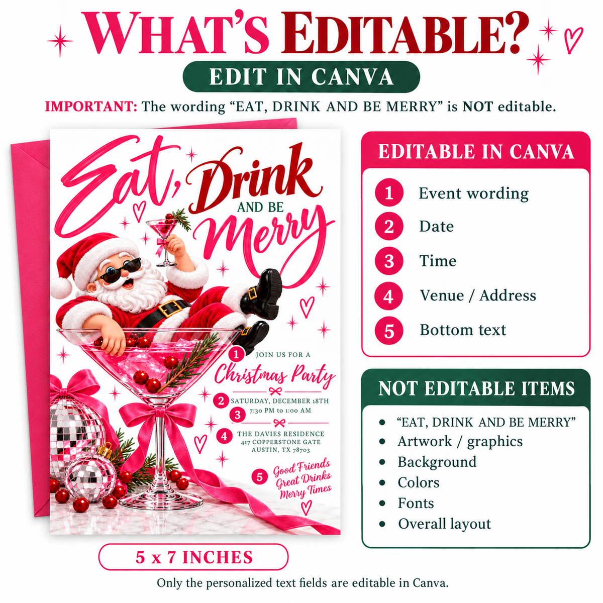 Christmas cocktail party invitation with Santa wearing sunglasses in a giant pink martini glass, disco ball ornaments, pink bows, and Eat Drink and Be Merry lettering