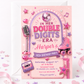 Double Digits Era 10th birthday invitation in pink and purple featuring a disco ball, microphone, roller skate, cassette tape, hearts and stars.
