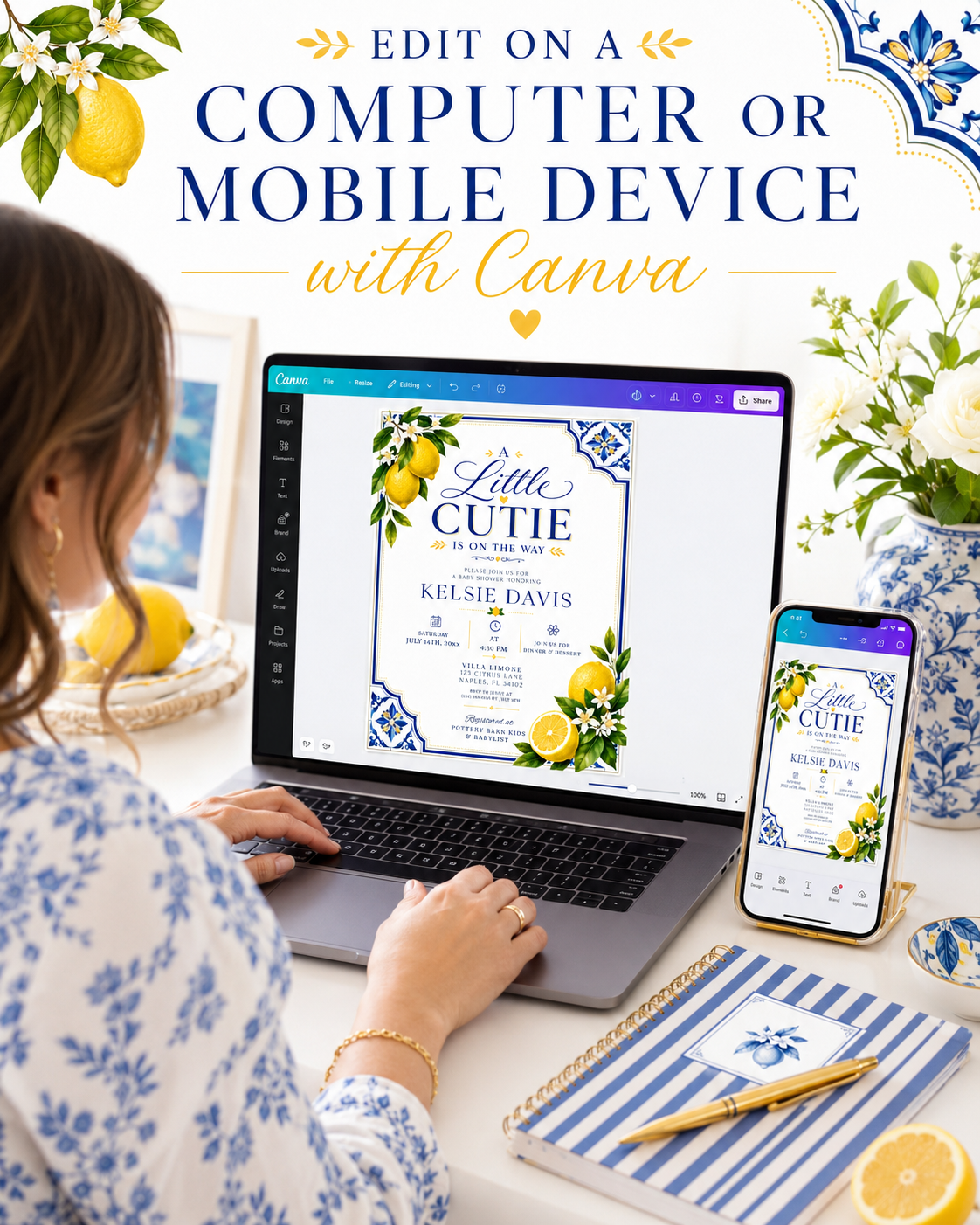 Lemon baby shower invitation with Mediterranean blue tiles and citrus in blue and yellow
