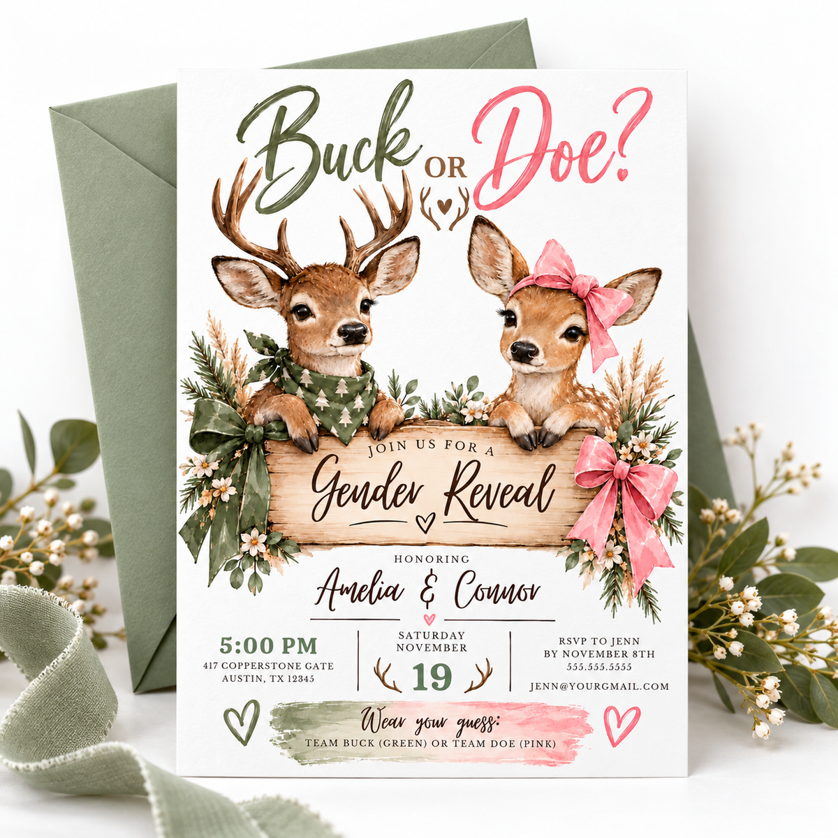 Buck or Doe gender reveal invitation with an antlered deer in a green bandana, a doe wearing a pink bow, rustic wooden sign, greenery, and pink and green ribbons