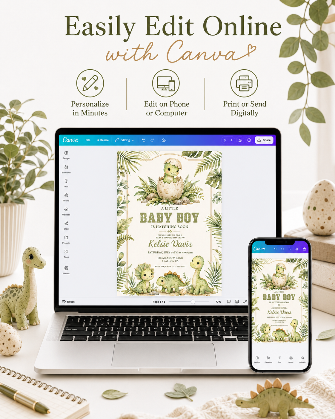 Baby boy dinosaur baby shower invitation with watercolor baby dinosaurs, hatching egg, tropical leaves, ferns, greenery, rocks, and soft sage green details