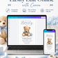We can bearly wait baby shower invitation with watercolor teddy bear, blue bow tie, stitched star pillow, scalloped border, and soft blue baby boy details