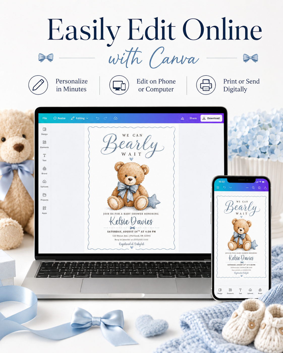 We can bearly wait baby shower invitation with watercolor teddy bear, blue bow tie, stitched star pillow, scalloped border, and soft blue baby boy details