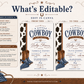 Editable cowboy baby shower invitation Canva template with cowhide side panel, leather cowboy boots, baby denim boots, bandana, horseshoe accent, and bold navy and brown distressed typography on a cream background