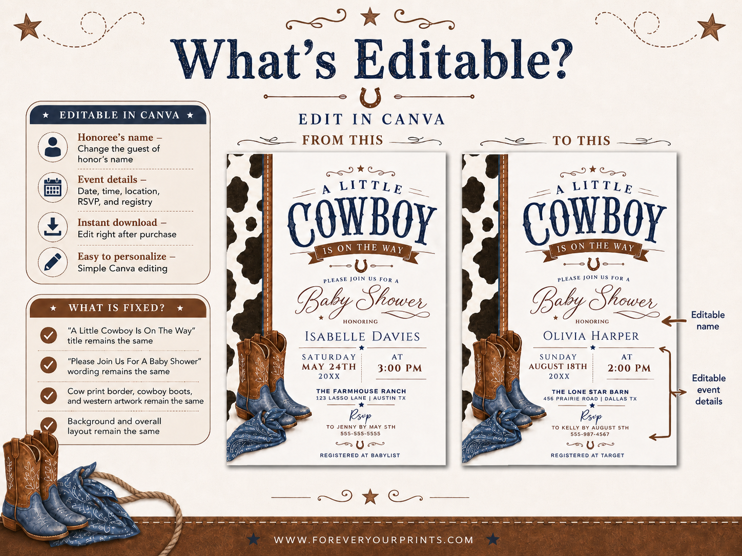 Editable cowboy baby shower invitation Canva template with cowhide side panel, leather cowboy boots, baby denim boots, bandana, horseshoe accent, and bold navy and brown distressed typography on a cream background