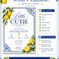 Lemon baby shower invitation with Mediterranean blue tiles and citrus in blue and yellow