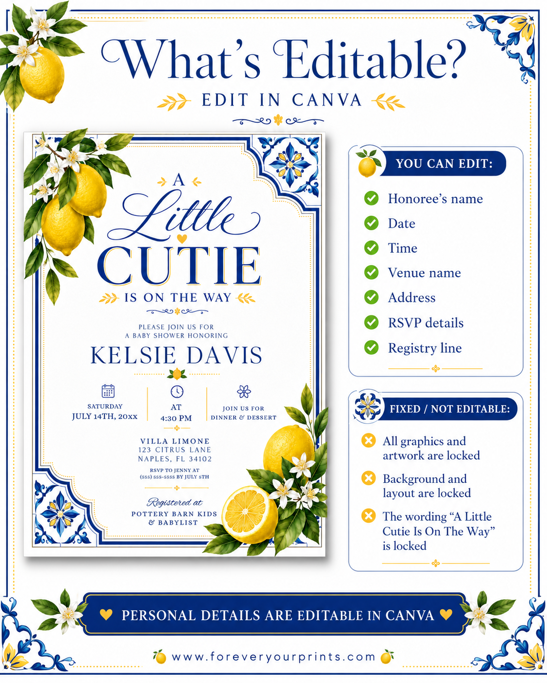 Lemon baby shower invitation with Mediterranean blue tiles and citrus in blue and yellow