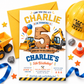 Construction 5th birthday invitation with giant wooden number 5, excavator, bulldozer, hard hat, balloons, traffic cones, and Can You Dig It party details