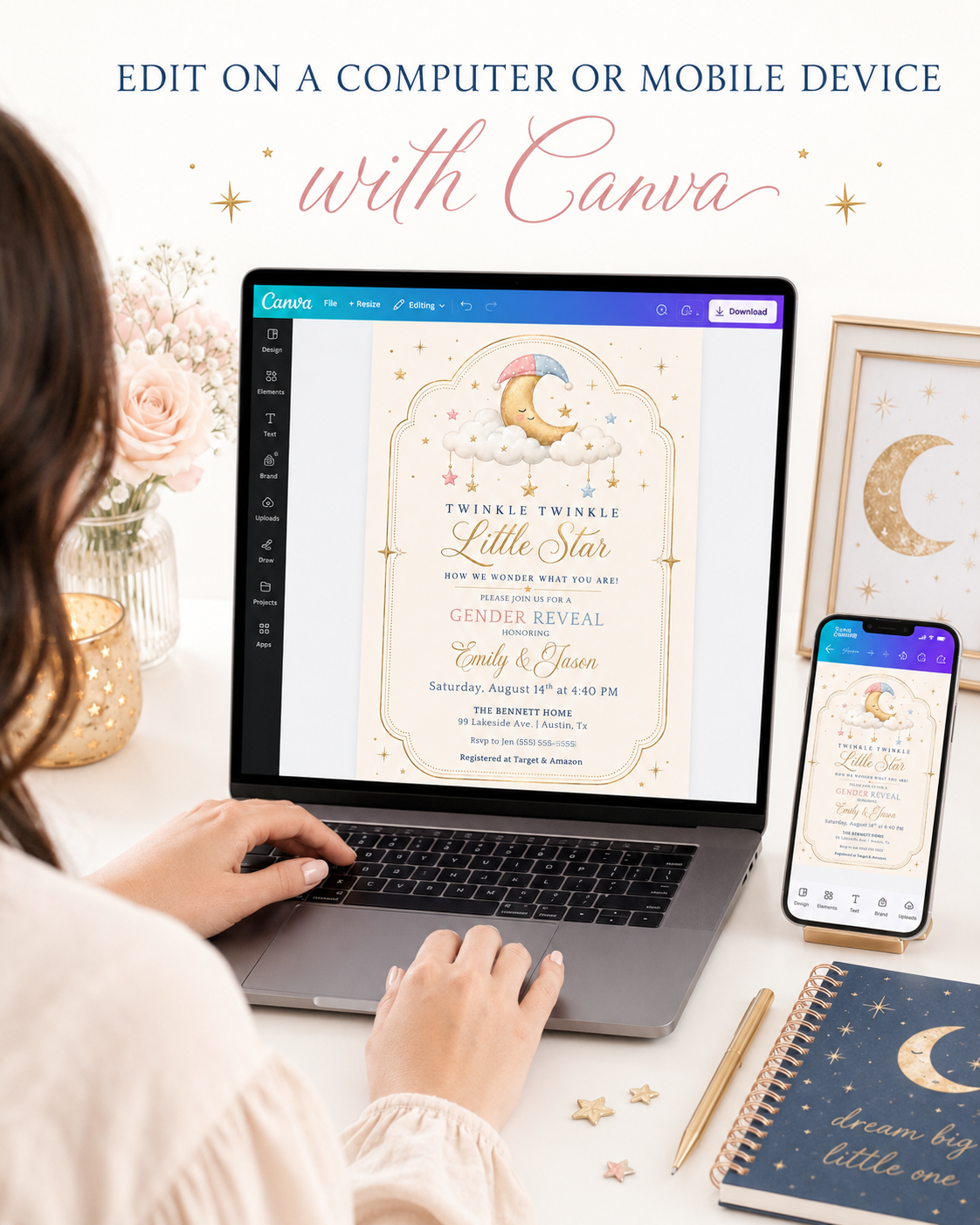 Moon and stars gender reveal invitation with a sleeping moon, clouds, and hanging stars in pink, blue, and gold
