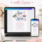 Editable sea you soon girl baby shower invitation Canva template with watercolour sea turtle with pink bow, pink striped sailboat, life ring, starfish, and navy and pink typography on a white background