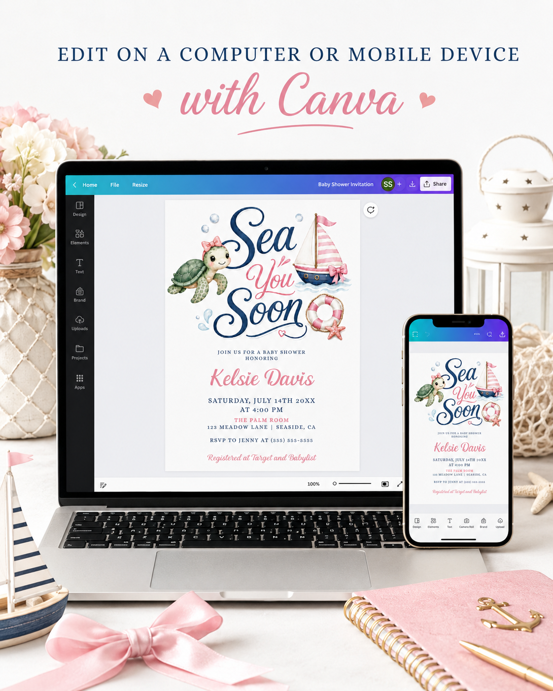 Editable sea you soon girl baby shower invitation Canva template with watercolour sea turtle with pink bow, pink striped sailboat, life ring, starfish, and navy and pink typography on a white background