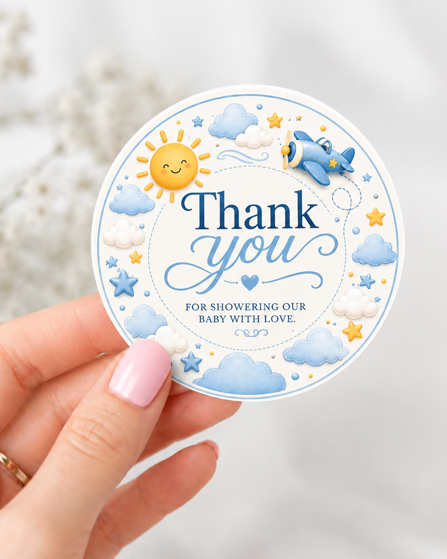 Editable here comes the son baby shower round thank you sticker Canva template with smiling sun, blue toy airplane, fluffy clouds, and gold and blue star accents on a cream background