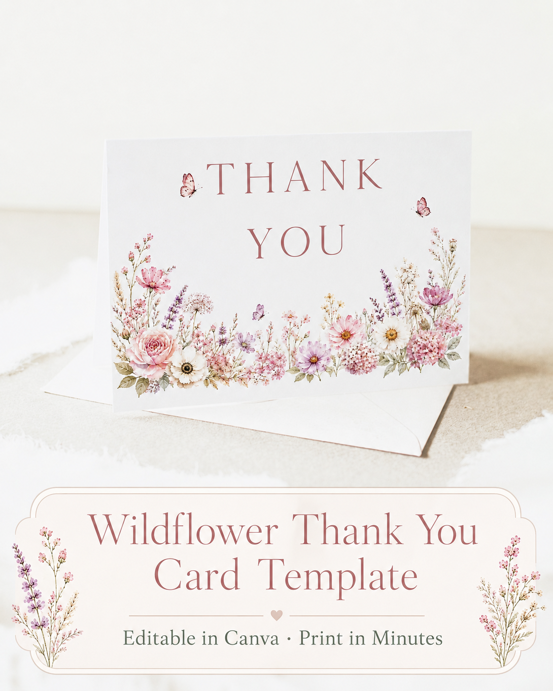 Editable wildflower folded thank you card Canva template with watercolour roses, lavender, daisies, and butterfly details on a white background, shown as a folded card mockup