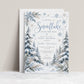 Winter baby shower invitation with blue snowflakes, snow-covered evergreen trees, frosted foliage, and A Little Snowflake Is on the Way wording on white