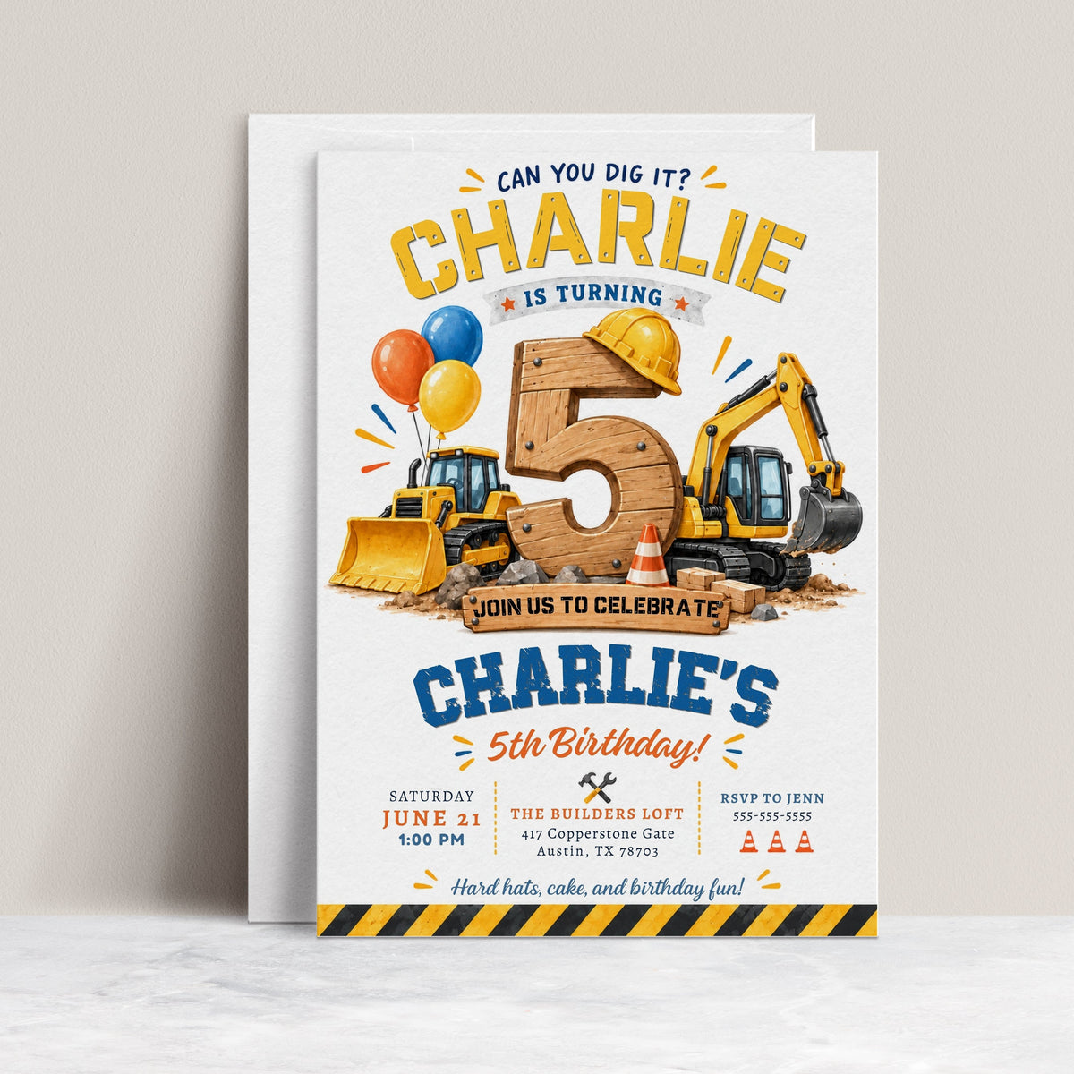 Construction 5th birthday invitation with giant wooden number 5, excavator, bulldozer, hard hat, balloons, traffic cones, and Can You Dig It party details